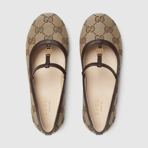 Children's Double G ballet flat - beige and ebony GG canvas