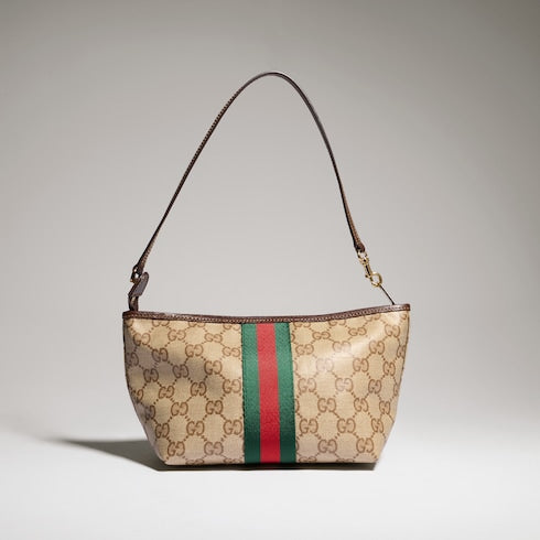 Small pouch with strap and Web - sand and brown GG canvas