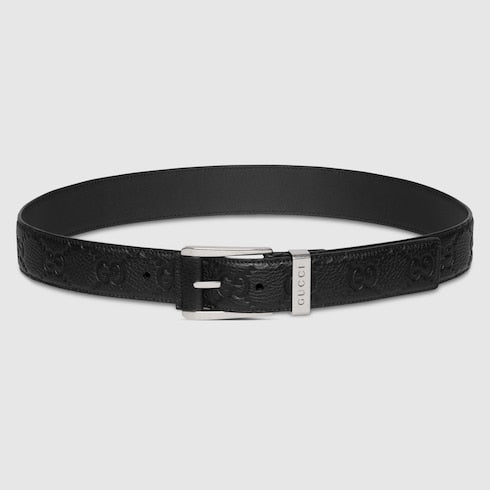 Embossed GG belt with squared buckle - black