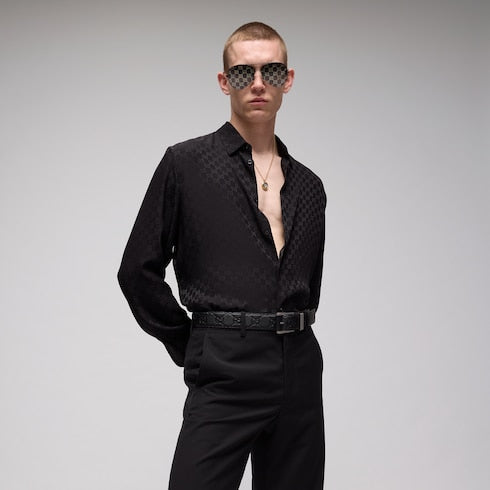 Embossed GG belt with squared buckle - black