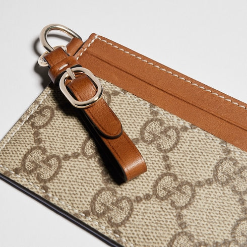GG Emblem card case with strap - beige and dark brown fabric