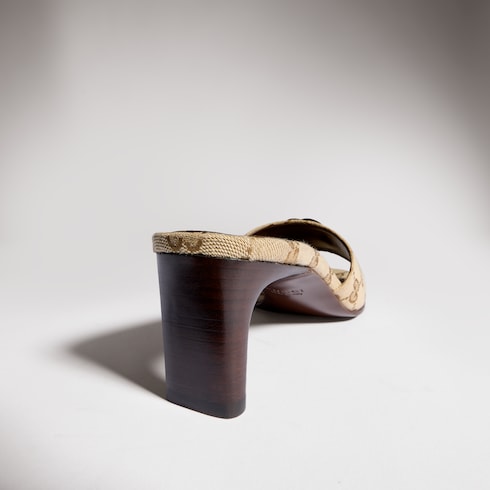 Women's slide sandal with Double G - sand and brown GG canvas