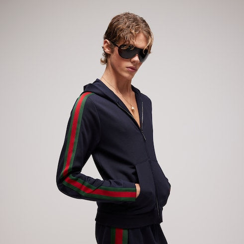 Silk cotton jersey zip jacket with Web - dark blue