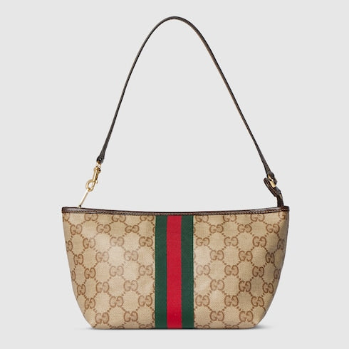 Small pouch with strap and Web - sand and brown GG canvas