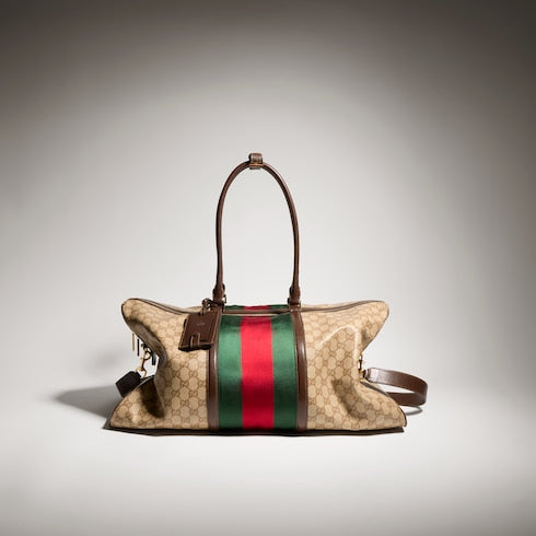 Medium GG duffle bag with Web - sand and brown GG canvas