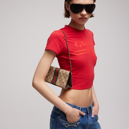 Small pouch with strap and Web - sand and brown GG canvas