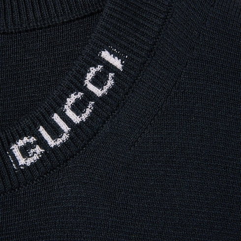Silk cotton T-shirt with Gucci intarsia - navy