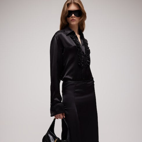 Silk satin shirt with rouches - black