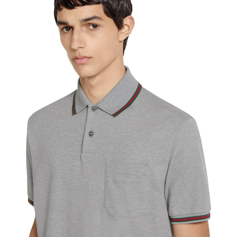 Cotton piquet polo shirt with embroidery - grey mélange