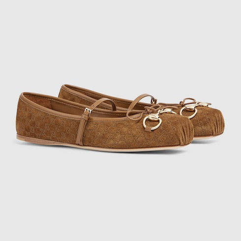 Women's Gucci Horsebit ballet flat - light brown mini GG suede