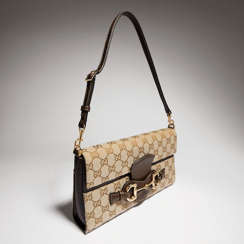 Horsebit Ristretto medium shoulder bag - sand and brown GG canvas
