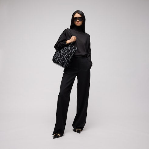 Maxi woven tote bag - black and white grosgrain