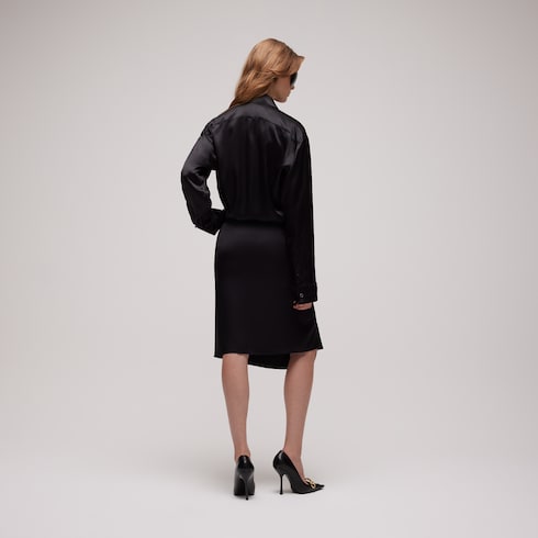 Silk satin shirt with rouches - black