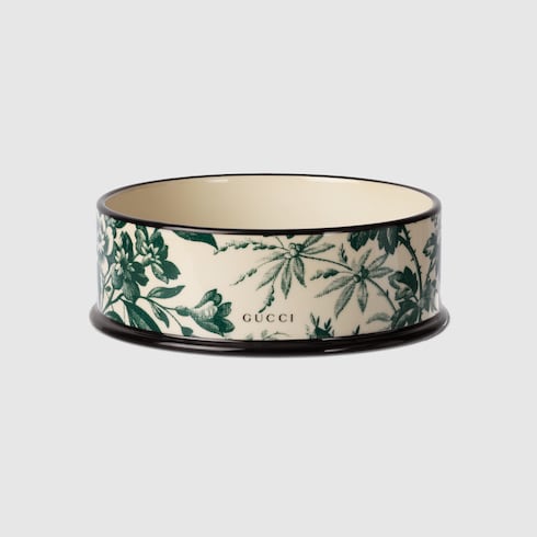 Large Herbarium print pet bowl - green and ivory porcelain
