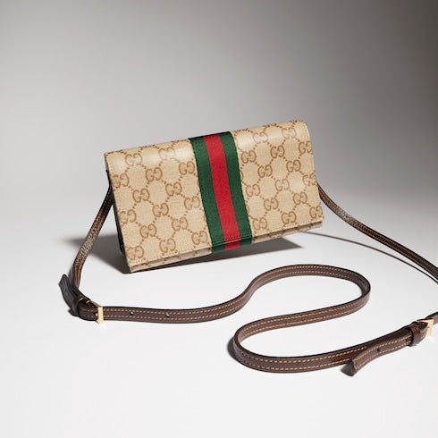 Small pouch with strap and Web - sand and brown GG canvas