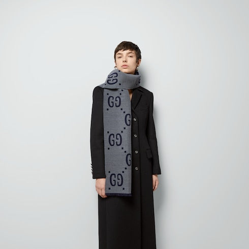 GG jacquard wool silk scarf - light grey