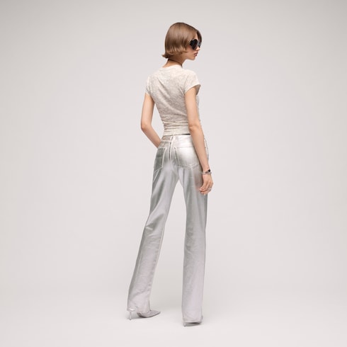 Straight denim pants with soft coating - white and silver