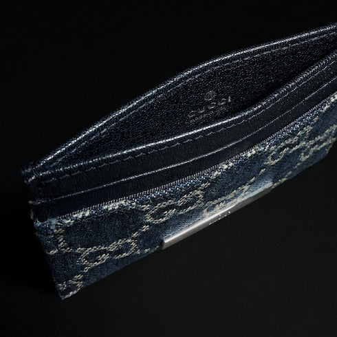 Card case with Gucci plaque - dark blue GG denim